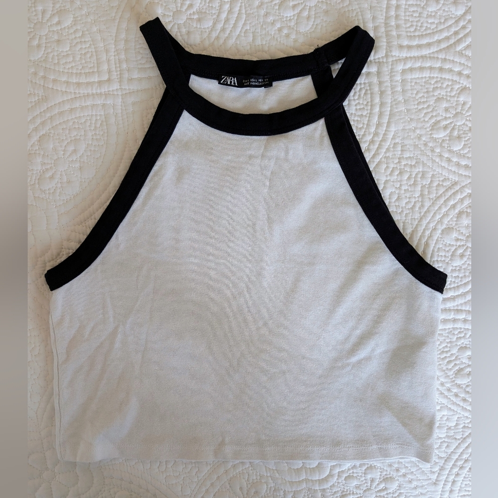 Zara 90s Halter Top Women Large White Black Contrast Trim Ribbed Cropped Tank